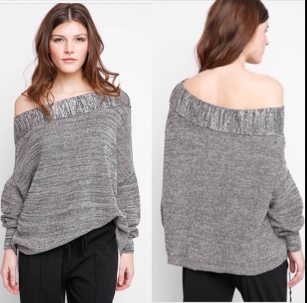 FREE PEOPLE Gray Knit Sweater Cotton Off The Shoulder Long Sleeve Pullover M